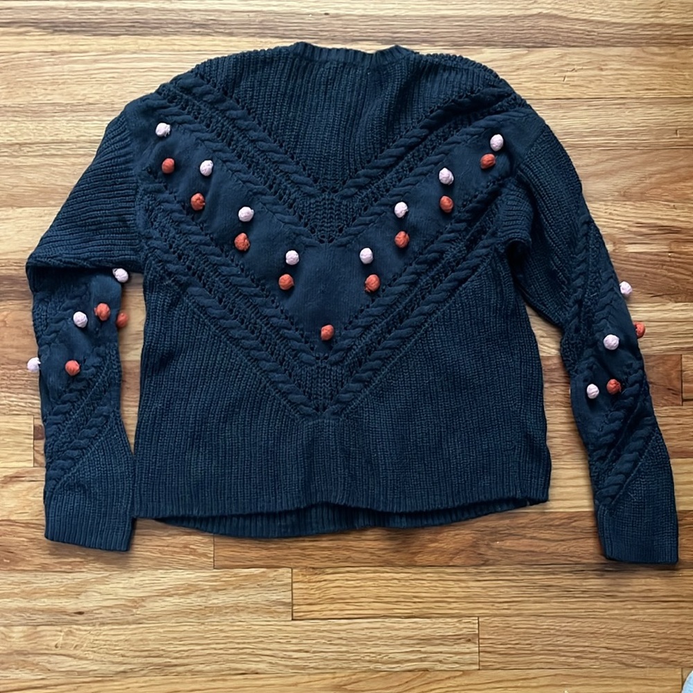 Marine Layer Navy Knit Crewneck Sweater with Pink & Rust Pom Details - Picture 4 of 6